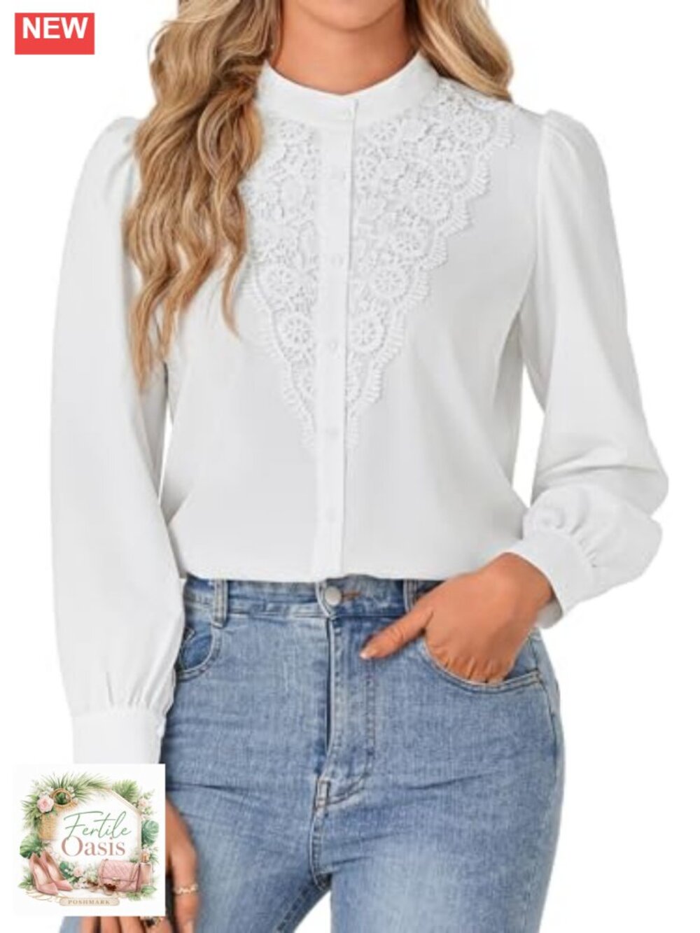 Elegant Lace Blouse Long Sleeve Mock Neck Button Down Work Top